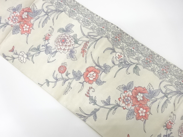 JAPANESE KIMONO / ANTIQUE FUKURO OBI / SILK / WOVEN FLORAL PLANTS